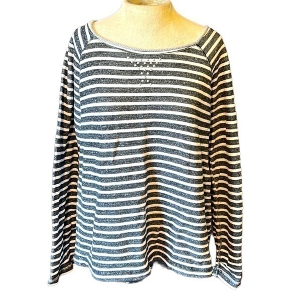 Anne Klein long sleeve striped blouse womens size large black and white
